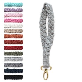 Handmade Boho Macrame Keychain Wristlet, Braided Keyring Holder for Women, Car Key Wrist Lanyard, Made in USA (Light Grey/Gold)