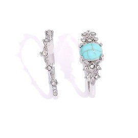 2 PCS Turquoise Ring Set Western Jewelry for Women Silver Color Bohemian Joint Knuckle Finger Ring Sparkling Crystal Cowgirl Statement Jewelry-Size 11