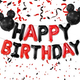 16 Inch Red Black Happy Birthday Balloons Letters Banner & 2PCS Mini Mouse Head Balloons Cartoon Mouse Birthday Party Supplies Red Black Theme Birthday Party Decorations Happy Birthday Decorations