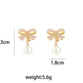 Faux Imitation Pearl Pink Bowknot Dangle Drop Earring Stud