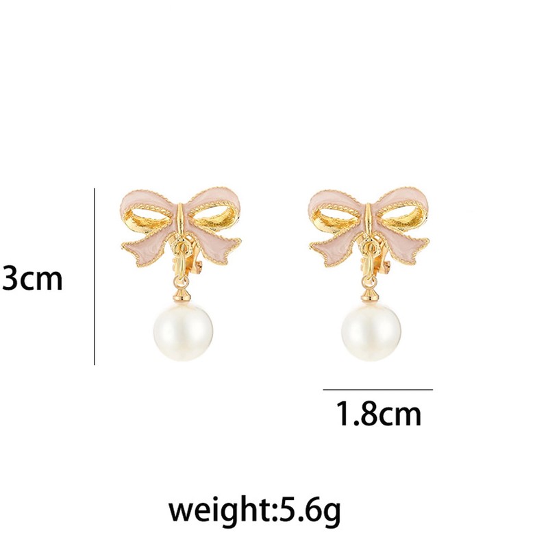 Faux Imitation Pearl Pink Bowknot Dangle Drop Earring Stud