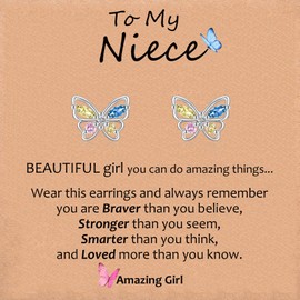 VYYU Girls Jewellery Gifts for Niece - Cute Butterfly Stud Earrings Kids Jewellery, Hypoallergenic Ear Studs for Niece Gifts, Christmas Birthday Present for Kids