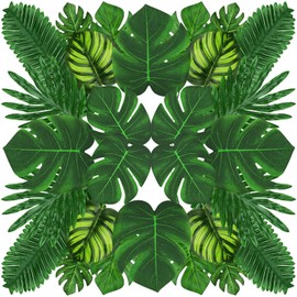 QUOZUO Tropical Party Decorations, 50 Pieces 7 Kinds Palm Leaves Artificial Tropical Monstera, Green Jungle Leaf with Stem for Jungle Hawaiian Luau Party Table Decoration Wedding Birthday