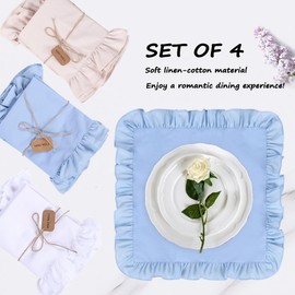 MIKI WELL Linen Cotton Ruffle Dinner Napkins 18 x 18 Inch - Cloth Napkins Set of 4 for Spring, Holiday - Handcrafted and Washable Fabric (Blue)