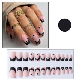 24 Pcs Heart Nails French Press on Nails Square RIICFDD Medium Fake Nails Nude Pink Matte False Nails with Black Heart Designs Full Cover Stick on Nails for Women Girls Valentines Day Nails