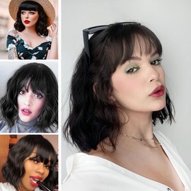 CHANUBITO Short Wavy Bob Wig with Air Bangs Black Wigs for Black Women 12" Synthetic Shoulder Length Cosplay Hair Wigs