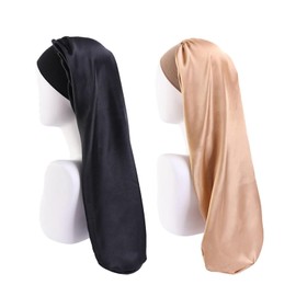 Hsyadazi Pack of 2 Long Satin Sleep Caps, Premium Satin Sleep Cap, Extra Large Night Cap with Wide Elastic Band, Silk Cap, Curl Protection, Black + Beige, black, XXL
