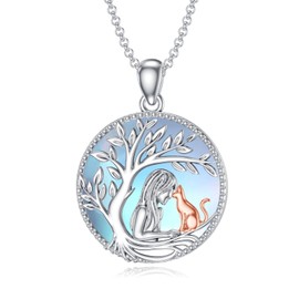 Plesitep Tree of Life Necklace Sterling Silver Moonstone Tree of Life Women and Cat Necklace for Women Mom Wife Cat Lover