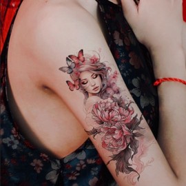 Women's Waterproof Temporary Tattoo Stickers: Long-Lasting 2-Week Removable Designs for Arm, Shoulder & Festivals (Butterfly, Flower, Whale) Summer #3 Black & White Woman Flower