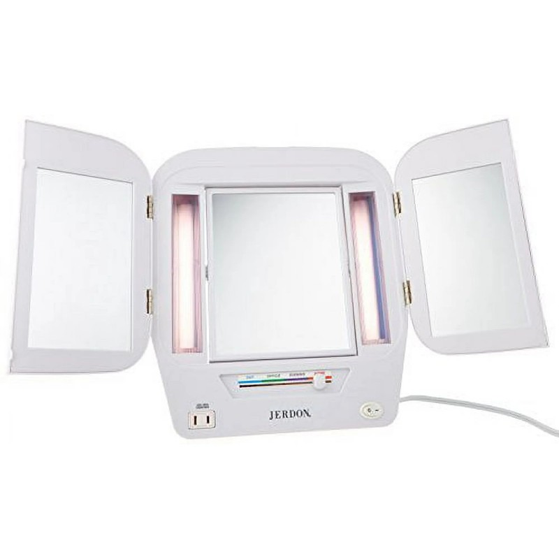JERDON Modern Tri-Fold Makeup Mirror with Lights - Vanity Mirror