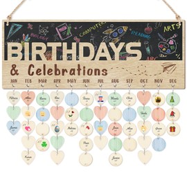 CHDITB 3D Classroom Birthday Chart Wall Hanging(16"x6"), Wooden Birthday Calendar Reminder for Classroom Students Kids, Funny Blackboard Theme Birthday Board Tracker with 100 Round Heart Tags