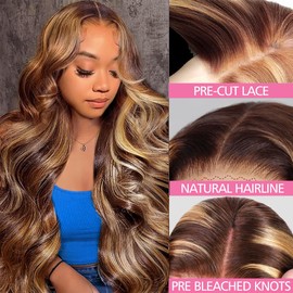 eddfine 250% Density Highlight Ombre Glueless Wigs Human Hair Pre Plucked Pre Cut 5x5 HD Lace Closure Wigs Human Hair 4/27 Colored Honey Blonde Body Wave Lace Front Wigs 22 Inch