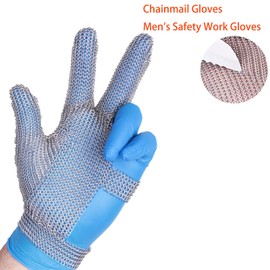 RETON-PPE 3 Fingers Chainmail Glove Men Stainless Steel Metal Mesh Glove, Butcher Cut Resistant Gloves with Wrist Clasp, Safety Work (L)