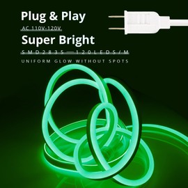LED Neon Light Rope, 33ft/10m Plugin Green Neon Strip Lights, AC 110V Neon Rope Lights Outdoor Indoor, Plug&Play Neon Light Strip, Waterproof Flexible Neon String Light for Bedroom Kitchen, Balcony