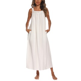 YOZLY Cotton Nightgowns for Women Embroidery Sleeveless Night Gown with Pockets, White, Small