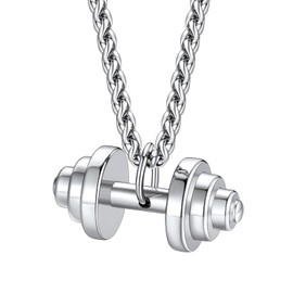 FaithHeart Mens Womens Dumbbell Necklace Stainless Steel Barbell Pendant Necklace Fitness Gym Weight Lifting Necklaces with Gift Box