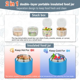 2 - in - 1 Soup Thermo for Hot Food 15oz with Snack Box 2pcs Leak Proof Insulated Lunch Container Kids and Adults Stainless Steel Double Wall Vacuum Wide-mouth Thermal with Spoon and Handle