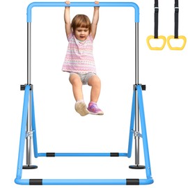 WATBKHE Gymnastic Bars for Kids, Horizontal Bars with Adjustable Height, Folding Gymnastic Training Kip Bar with Rings, Expandable Bars for Boys and Girls, Gymnastic Training Equipment(Blue-Ring)