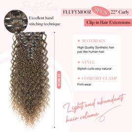 FLUFYMOOZ 9PCS Clip in Hair Extensions 22 Inch Curly Hair Extension Long Soft Synthetic Hairpieces for Women (Ash Brown to Blonde)