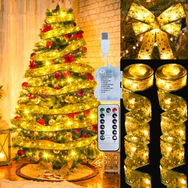 JEAYYDSI Christmas Tree Decorations 33FT 100 LED 8 Modes IP44 Waterproof Christmas Ribbon String Lights with Timer Led Christmas Ribbon for Holiday Party Xmas Tree Decor(Warm White)