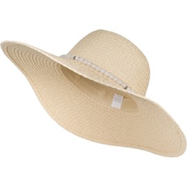 styleBREAKER 04025043 Women's Straw Hat Paper Straw with Pearl Band Wide Frayed Brim Sun Hat Floppy Hat, beige