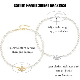 YURESEN Saturn Pearl Necklace White Pearl Bead Choker for Women Teen Girls, Crystal Rhinestone Constellation Planet Necklace for Girlfriend Confessions Weddings (Silver2)