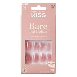 Uñas postizas Rosa Natural Coffin Kiss Bare But Better, longitud media 28 unidades Incluye Pegamento Fácil de aplicar y remover sin dañar tus uñas nat