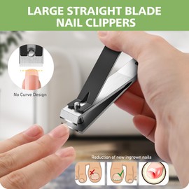 Heavy Duty Straight Blade Nail Clippers for Thick Toenails, Professional Stainless Steel Fingernail Toenail Clippers Trimmers - Thick Wide Jaw Toe Nail Clippings for Seniors, Men & Women - Black