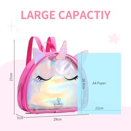 Bowitzki Holographic Unicorn Backpack for Girls - Clear PVC Water-Resistant School Bag - Sparkly Transparent Bookbag for Toddler, Kindergarten, Travel & Gifts (Pink)