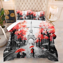 EDGZKO Comforter Set Red Paris: Twin Size Black and Red Paris Eiffel Tower Bedding Sets French Style Romantic Quilts for Teen Girls Kids Bedroom Bed Set 1 Comforter & 1 Pillowcase