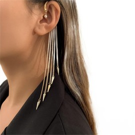 Ymqewq Kenfery Gothic Long Tassel Ear Cuff Wrap 1pcs Non-Piercing Crystal Pearl Skull Rivet Bar Fringe Drop Dangle Earrings Cartilage Climber Fake Clip on Punk Decor Jewelry (Style 3), Retro gold