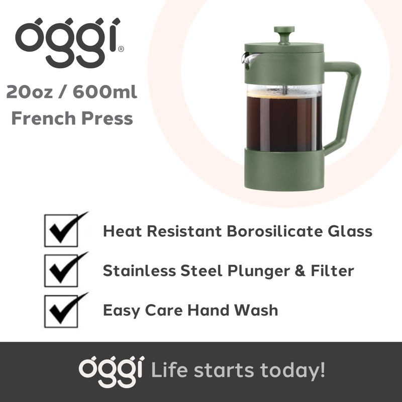 Oggi Borosilicate Glass French Press Coffee Maker (20oz)- 5 Cup