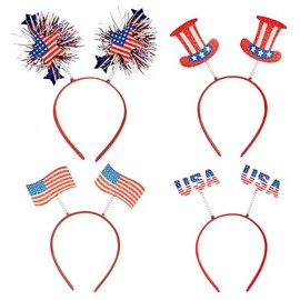 GiftExpress 4 Piece Patriotic Headbands - 4 Assorted Boppers USA, Flag, Star & Hat Head Bands - July 4th Themed Kids & Adults Party Favor Deocrations