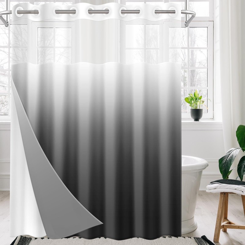 Nesphy No Hook Ombre Black and Grey Shower Curtain with
