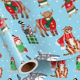 RUSPEPA Christmas Animals Wrapping Paper Roll for Boys Girls, Mini Roll, Funny Animal Sweater Party and Snowflake Design, Light Aqua Gift Wrap for Kids Holiday Gifts, 17 Inches x 16.4 Feet