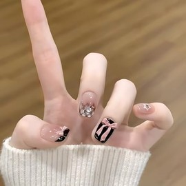 LEVGAL Magnetic Nail Tips, Short, 30 Pieces, Fake Nails, Short, French, Black, 3D Ribbon, Plaid, Gradient, Cat Eye, Diamond, Decorative Magnetic Nails, Popular Nails, Japanese Style, Cute, Stylish