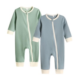 Bafeicao Unisex Baby Boy Girl 2 Pack Rompers Long Sleeve Two Way Zipper Romper One Piece Jumpsuits Clothes Sets, Blue+Green, 6-12M