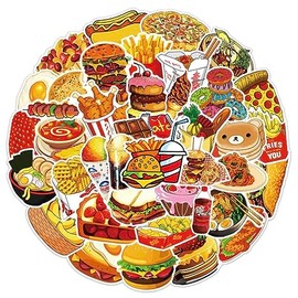 Food Stickers - Fast Food Snack Burgers Pizza, Waterproof Durable Reusable Vinyl Decals, 10, 20, 50, Water Bottle Bike Bumper Luggage Skateboard Graffiti, Best Gift for Everyone (50)