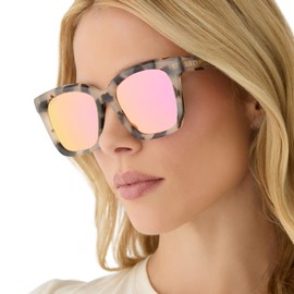 DIFF Meredith Designer Oversized Square Sunglasses for Women UV400, Cream Tortoise + Pink Mirror