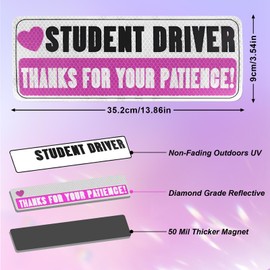 3PCS Magnetic Student Driver Sticker, Student Driver Sticker Magnet for Car, Thanks for Your Patience, Safety Warning Reflective Bumper Stickers, Pink Car Accessories for Women Drivers