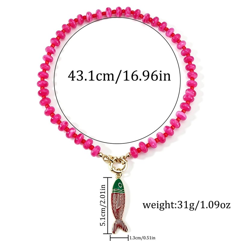 INENIMARTJ Hot Pink Chunky Beaded Fish Pendant Choker Necklace for