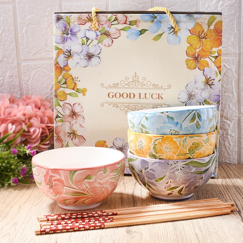 Ceramic Rice Bowl with Chopsticks Set of 4, 4.5'' Cereal