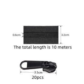 Naisfei10 Meters #5 Nylon Coil Zipper Continuous Chain,with Match 20 Pcs Zipper Pull Heads,Invisible Zippers for Sewing, Can Be Cut to Size for Sewing, Clothing and Upholstery(Black)