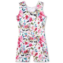 TENVDA Leotards for Girls Gymnastics Size 4t 5t White Sparkly Unicorn Floral Print Sleeveless Biketards Tumbling Unitard