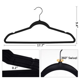 Pack of 60 Velvet Hangers, Space-Saving Heavy Duty Clothes Hangers for Suit, Non-Slip, 0.2 Inches Slim, 17.7 Inches Wide, 360° Swivel Black Hook - Black