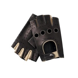 Hanotolo Men's Fingerless Leather Gloves - Unlined Lambskin Leather Driving Gloves, Black/White, M