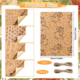 Candcamp Gift Wrapping Paper, 70x50cm Birthday Wrapping Paper with Jute String Kraft Recyclable Gift Wrap 8 Sheets for Men Women Girl Boy