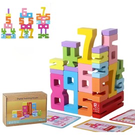 BOSENIYU Wooden Number Building Blocks, Balance Montessori Digit Number Blocks Friends (20 Pieces)