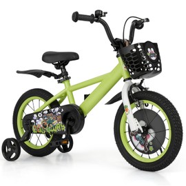 BABY JOY Sporty Kids Bike, 14 Inch Child Bike for 3-5 Years Old w/Adjustable Height, Training Wheels, Storage Basket, Handbrake Coaster Brake, Kids Bicycle for Girls Boys (Green)