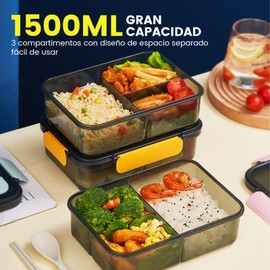 LENGSIDA Caja de Almueo, Fiambreras con 3 Compartimentos, 1500ml, con Cubiertos, Portátil, Sellada，Se Puede Calentar y Refrigerar (Amarillo)